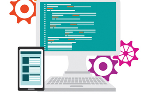 Illustrated computer and mobile phone with gears in the background.