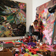 Artist Hyon Gyon in her studio at Residency Unlimited.
