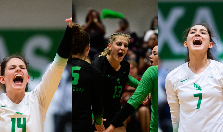 UNT women's volleyball team members celebrating.
