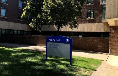 Kasling Hall exterior with sign