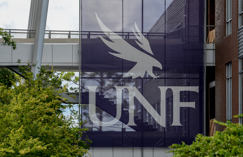 UNF banner inside student union plaza