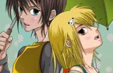 Two people drawn in an anime style standing next to each other