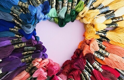 A heart-shaped outline created by multiple colors of embroidery floss