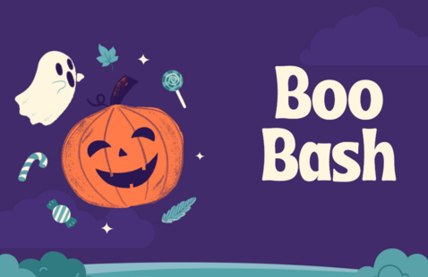 A pumpkin, ghost and candy on a purple background with text reading "Boo Bash"