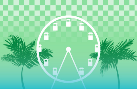 Graphic of a ferris wheel and two palm trees with a green and blue background.