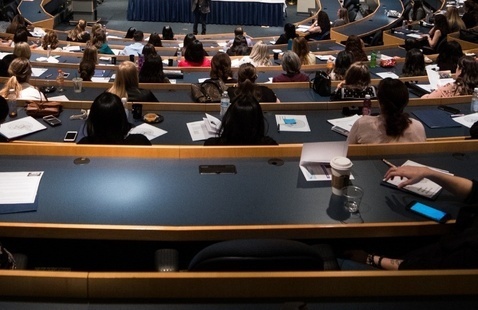 A presenter speaks in the amphitheater
