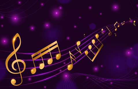 Gold music notes on a purple background.