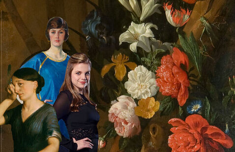 Cellist Grace Browning next to two paintings of women from MAG's collection.