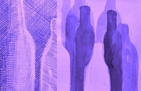 Purple bottles formed from ink wash shadows.