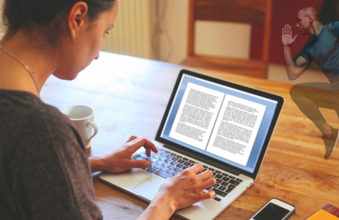 woman typing on a computer with a faded man in the corner sprinting