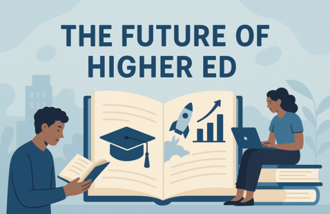 "The Future of Higher Ed" icon of a book and two people reading.