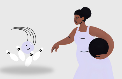 Illustration of woman holding bowling ball and ball striking pins