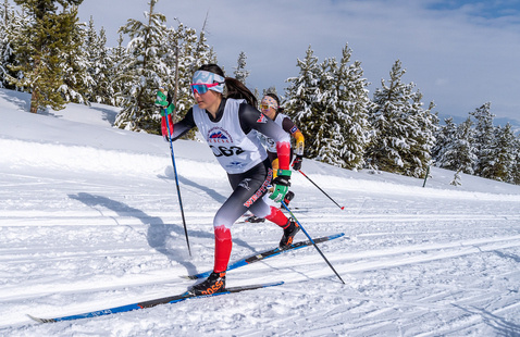 A Nordic athlete classic skis on a trail. 