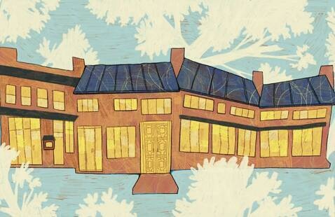 A stylized illustration of the VisArts building. Instead of straight lines the building is somewhat vertically zig-zagged. The background is blue with white shadows of trees