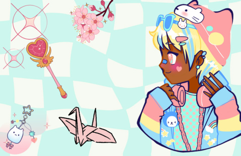 anime fan looking at origami, magical girl wand, cell phone charm, and sakura blossoms