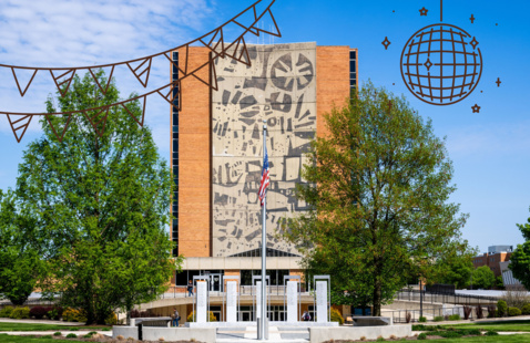 Jerome Library with disco ball and party banner