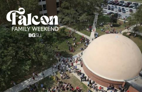 planetarium with a line on the outside and a family weekend logo 