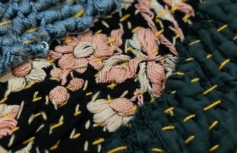 Close up shot of embroidered flowers on fabric