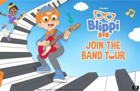 Cartoon characters of Blippi and Meekah on a piano 