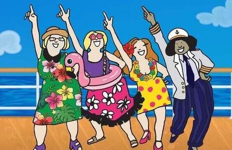 Cartoon characters of 4 women, 3 dressed in beach wear and 1 wearing a captain's uniform, standing on a cruise boat deck