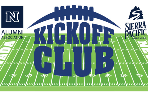 Nevada Alumni Association w/ Sierra Pacific Federal Credit Union flyer for Kickoff Club with football field in background