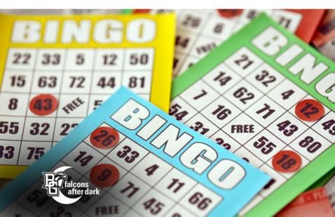 Bingo cards that are red green and yellow with a falcons after dark label on bottom