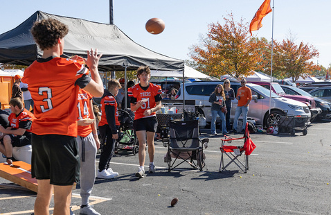 bgsu students at a tailgate for a football game