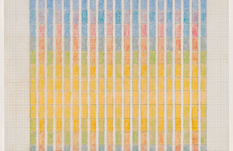 A drawing on graph paper of evenly formed adjoining rectangles of various colors form evenly spaced long columns of gradated color.