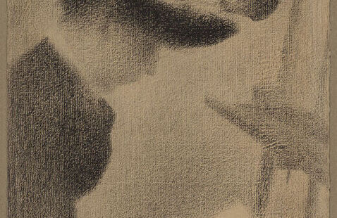 Drawing of a woman wearing a feathered hat, with an open book in her lap, sitting before an easel. 