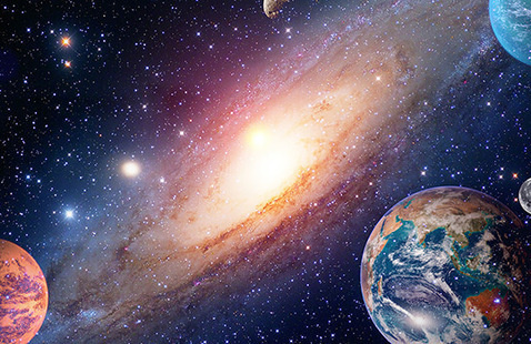 A depiction of a galaxy with planets.