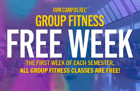 Graphic showing one of the UVM group fitness studios in the background with a purple overlay, and the words UVM Campus Rec Group Fitness Free Week