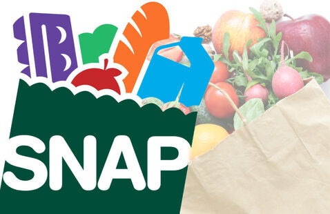 SNAP Logo transposed above a bag of fruit and vegetables