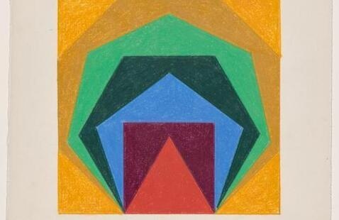 A geometric abstract artwork features layered, colorful polygons in red, blue, green, and yellow on white paper.