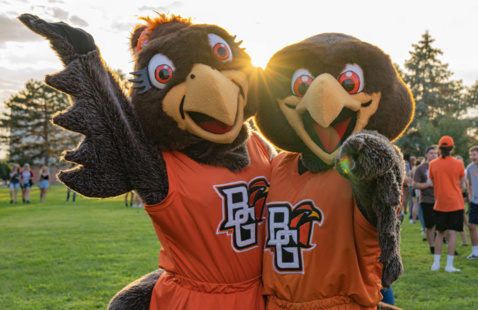 Freddie and Frieda falcon posing for a picture.