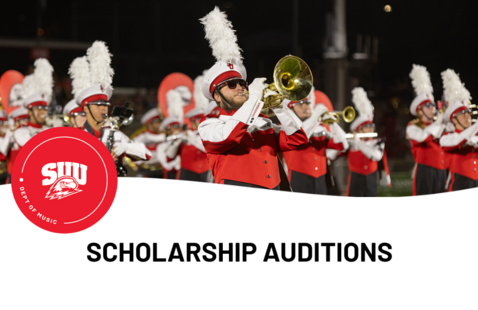 Photo of the Thunderbird Marching Band. SUU Department of Music Scholarship Auditions.