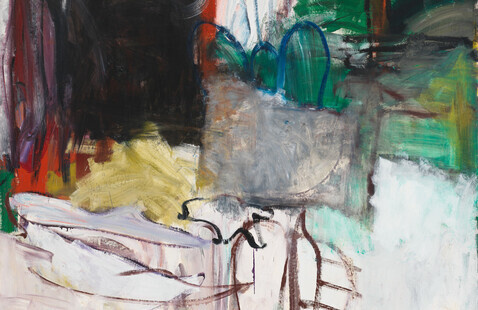 A painting of a variety of colors and abstract shapes.