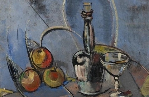 A painting of a still life with apples and a bottle