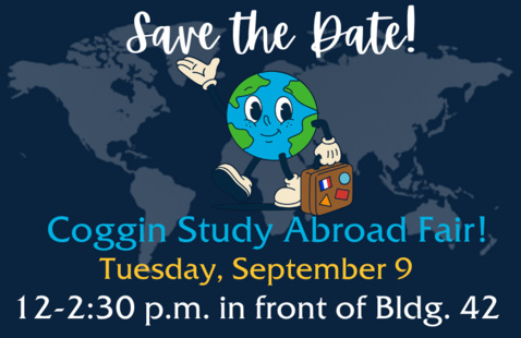 Globi, a globe shaped cartoon mascot of the International Business Office of the Coggin College of Business, smiles as he stands in front of a world map and holds the handle of a suit case decorated with travel stickers in one hand and encourages students to save the date of the study abroad fair with the other. The Coggin Study Abroad Fair will take place on Tuesday, September 9, from 12 to 2:30 p.m. in front of building 42, the Coggin College of Business