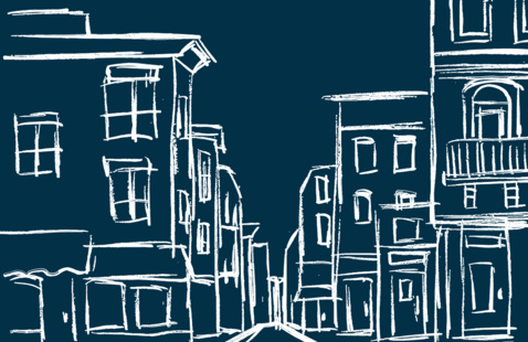dark blue background, white lines sketch of a town