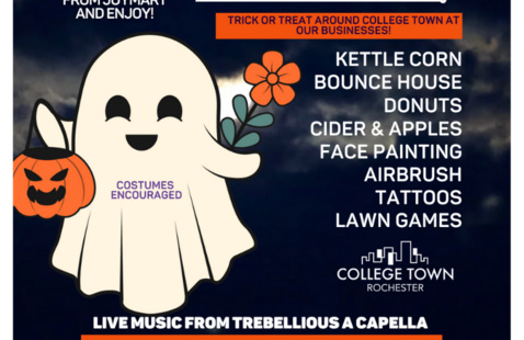 flyer with a friendly ghost holding a jack-o-lantern bucket and flower.
