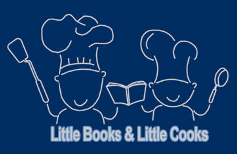 A line drawing of a big chef and a little chef with the words" Little Books & Little Cooks"