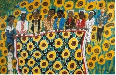 painting of group of ladies in a sunflower field holding a quilt with sunflowers on it
