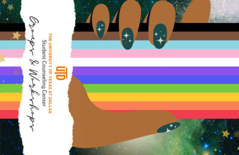 a brown hand grasping a pride flag colored beam against a starry background