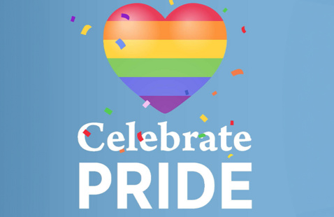 Celebrate Prode image with rainbow heart on light blue background