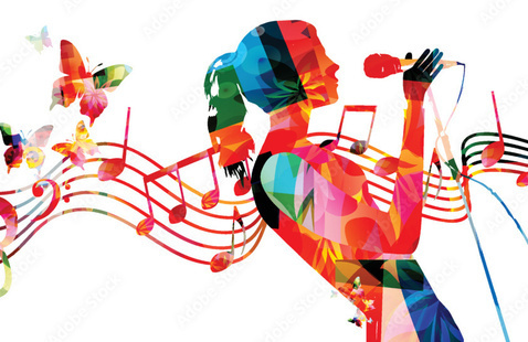clip art of woman singing into mic surrounded by notes