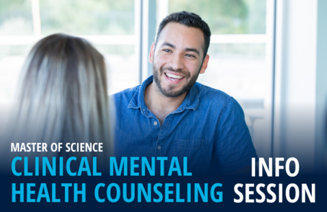 Two people talking with text Clinical Mental Health Counseling Info Session