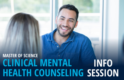 Two people talking with text Clinical Mental Health Counseling Info Session