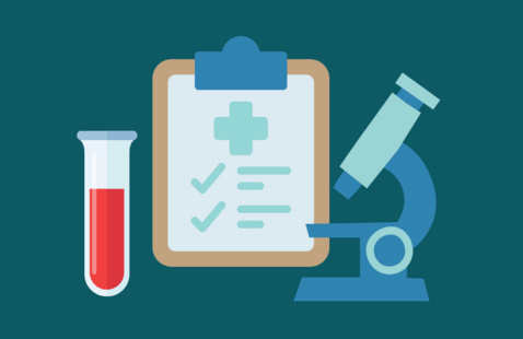 Clipboard with plus sign and checkmarks, microscope, and test tube