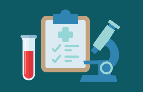 Clipboard with plus sign and checkmarks, microscope, and test tube