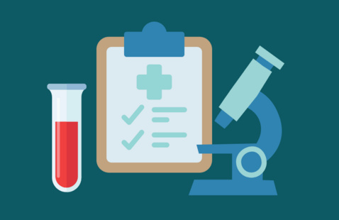 Clipboard with plus sign and checkmarks, microscope, and test tube